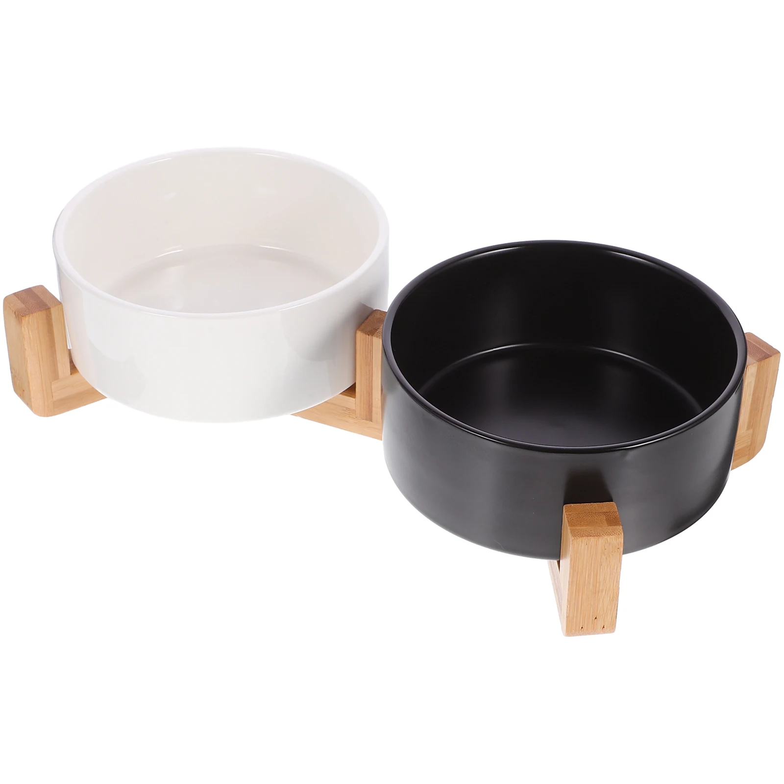 

1 set Ceramic Dual Bowls Wooden Stand Black White Medium Size Anti Slip Cat Dog Feeding Water Bowl Pet Dishes Sturdy Design