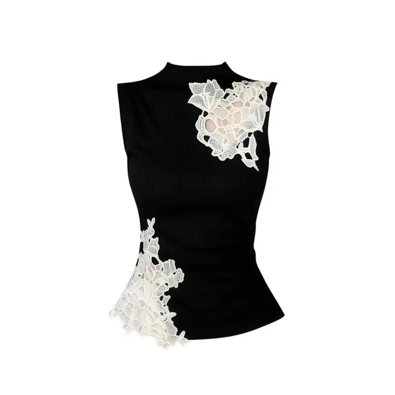 

Black Lace Patchwork Sleeveless Tank Top Women Spring Summer Design Slim Hollow-out Y2k Top Sexy T-shirt Cute Tops New