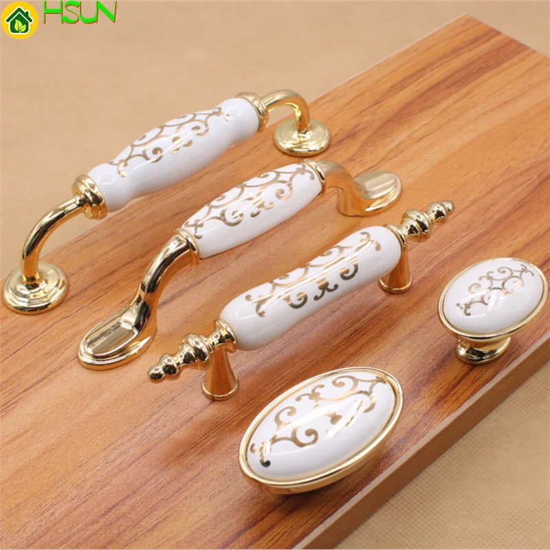 

2 pcs Ceramic handle white ceramic golden handle cabinet drawer shoe cabinet handle zinc alloy