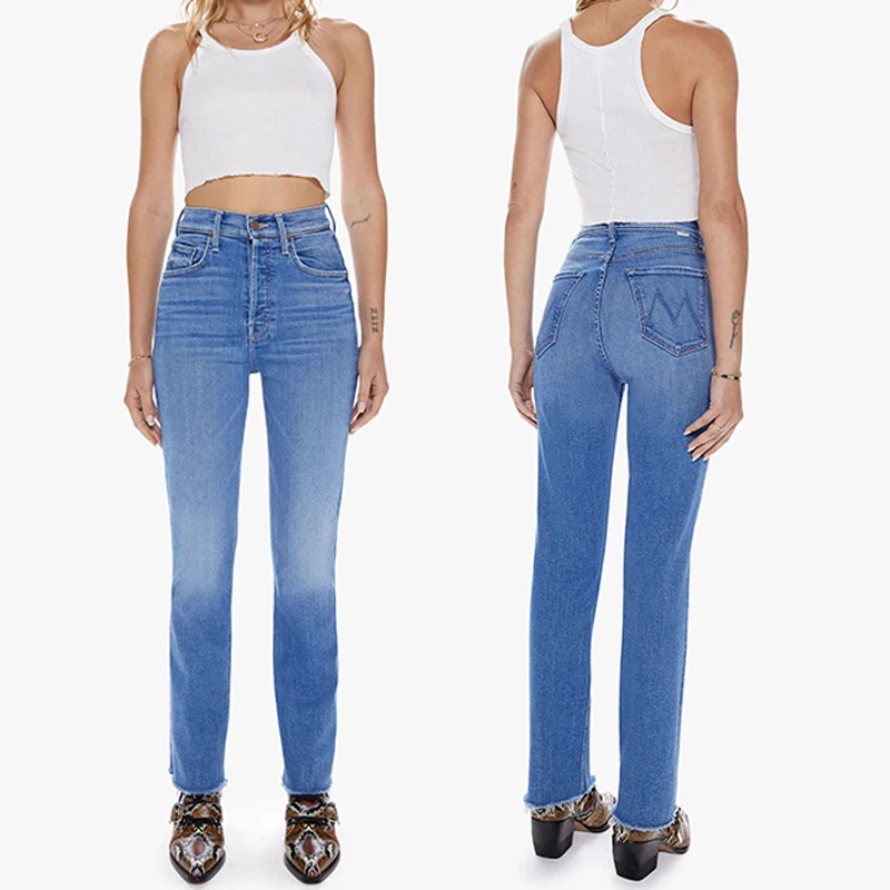 Women Stretch retro slim straight denim pants with versatile blue soft ruffled denim pants