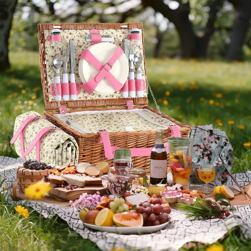 

Picnic Basket for 4 Persons Willow Weaving Picnic Set
