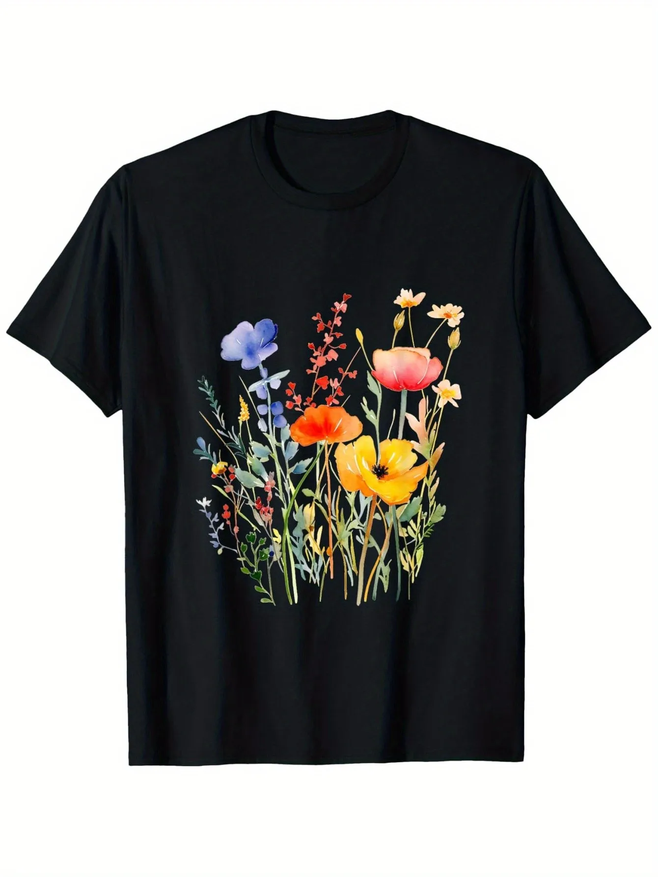 

T-Shirt Black with Colorful Flowers Regular Fit Crew Neck Casual Top Suitable for Adults All Seasons Comfortable