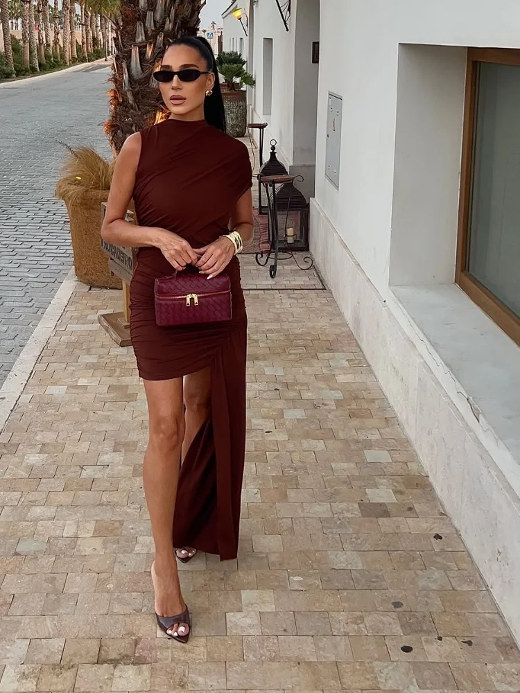 

Элегантное однотонное плиссированное мини-платье без рукавов, женское шикарное водолазка с повязкой, нерегулярный подол, тонкие платья, женское платье для рождественской вечеринки