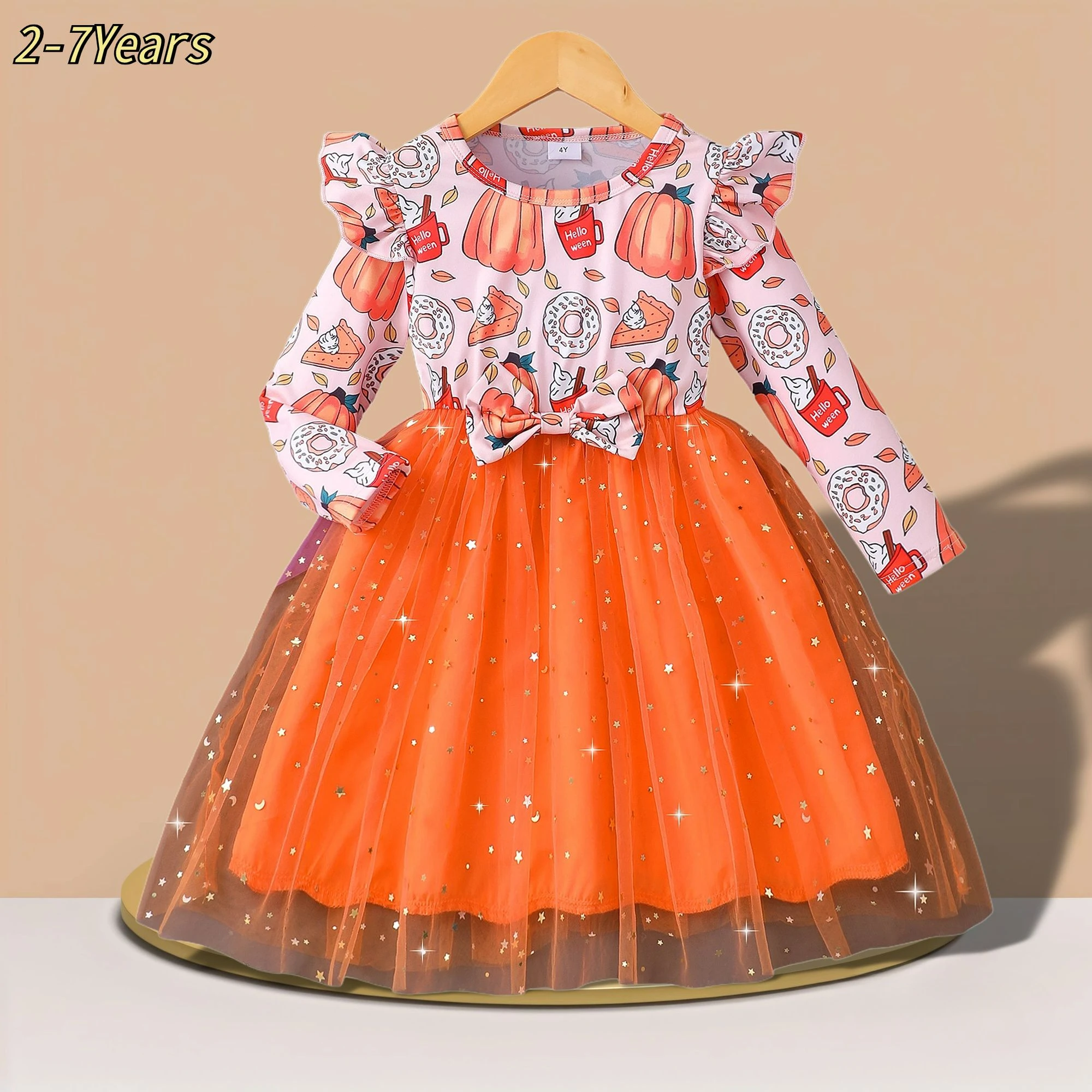 

Halloween Girl Costumes Children Dress Party Mesh Horror Theme Long Sleeve Orange Pumpkin Set Baby Girl Cute 2-7