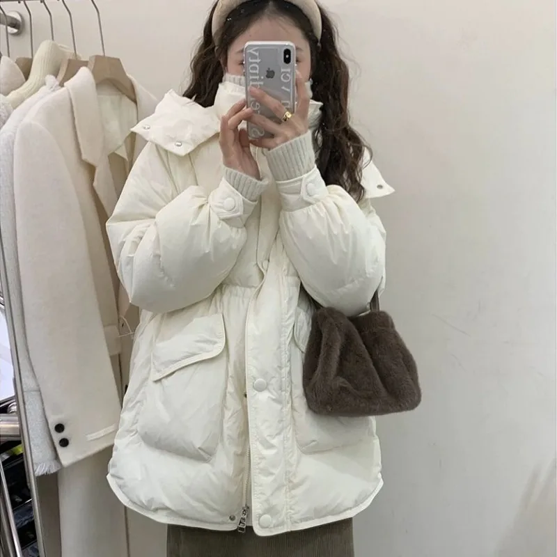 Imagem -04 - Jaqueta com Capuz com Bolsos Grandes para Mulheres Parkas de Cintura Feminina Sobretudo Quente Outwear Grosso Cabolsa Solto Novo Inverno 2023