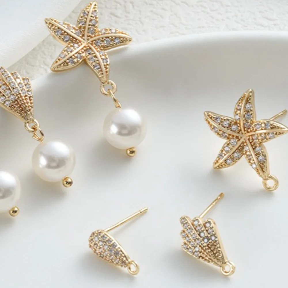 

Copper 14K Gold Color Zirconium Drop-shaped Feather Starfish with Hanging Ring Stud Earrings Handmade DIY Earrings Earrings