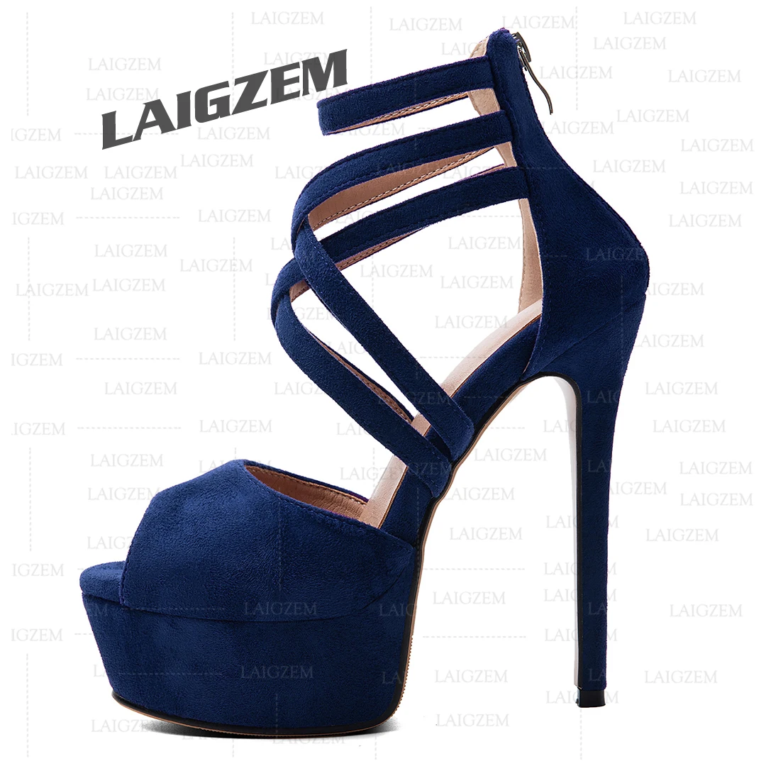 ZHIMA Women Platform Sandals Peep Toe Back Zip Thin High Heels Sandals Faux Suede Handmade Lady Shoes Woman Big Size 41 43 48 52