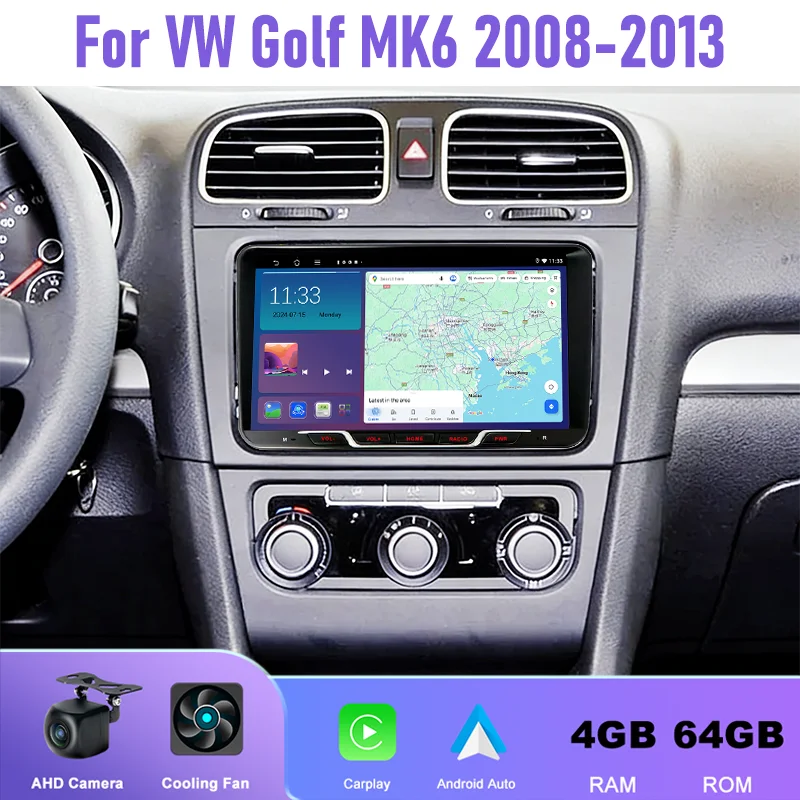 

9" 4+64GB Car Radio For VW Golf MK6 2008-2013 Android 15 Auto Support Wireless Apple Carplay 2DIN GPS Rear Camera Canbus