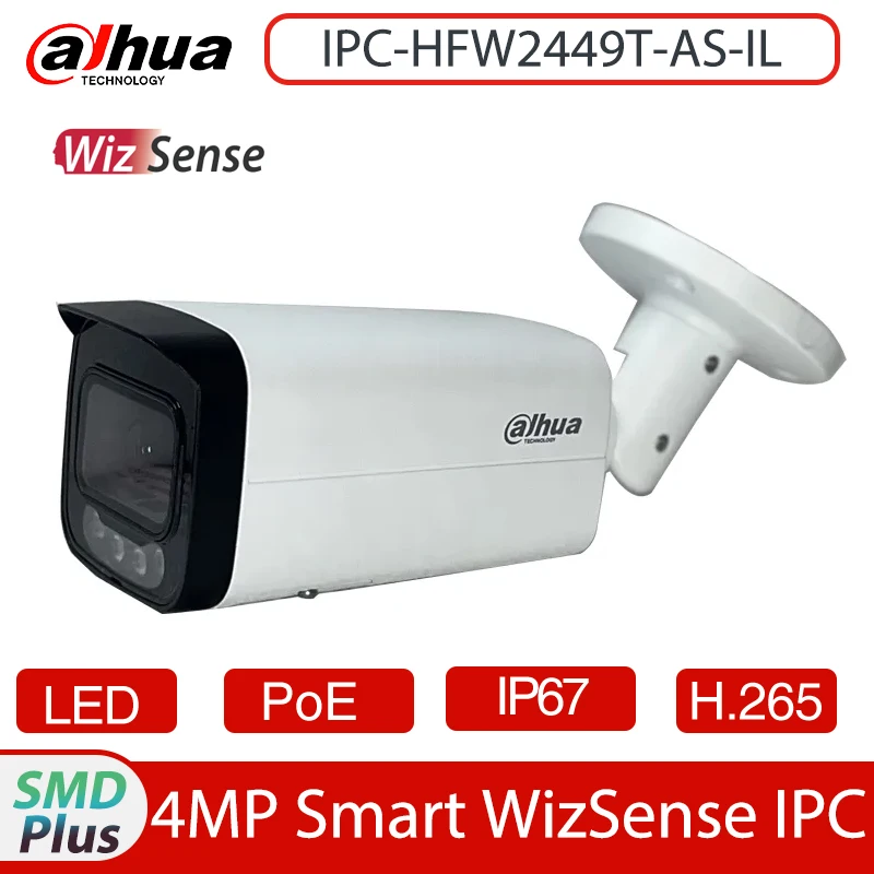 

Dahua IPC-HFW2449T-AS-IL 4MP Smart H.265 Dual Light Full-Color IR 60M Bullet WizSense Network Security IP Camera Built in Mic