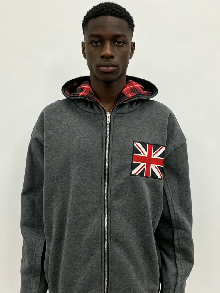 Men's Retro British Flag Embroidered Zipper Hoodie Solid Color Large Edition Hip Hop Street Style Hoodie