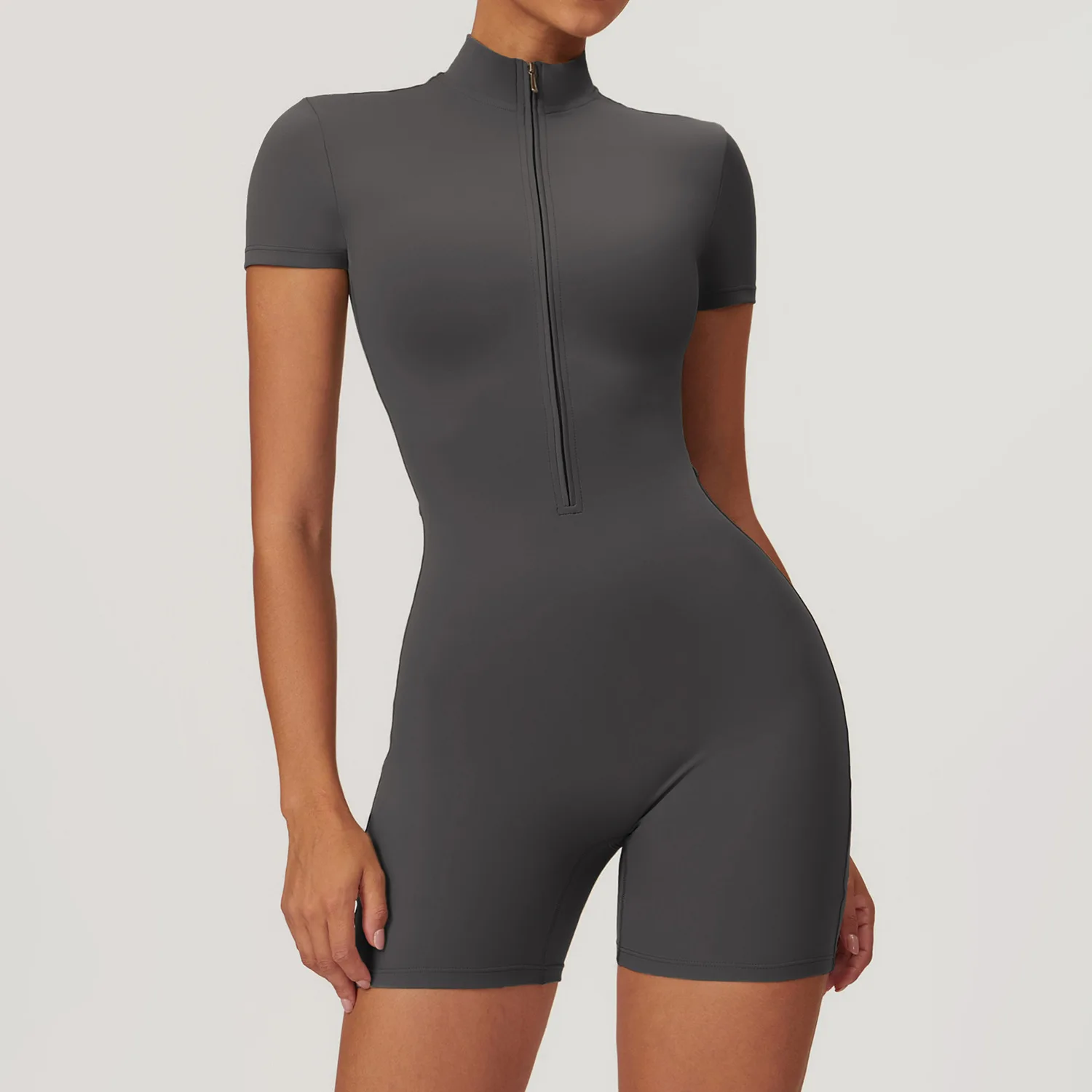 Gymdolphin Women's Short Sleeve Half-Zipper Mock Neck Bodysuit Summer Sports Fitness Bodycon Jumpsuit Yoga Wear Activewear