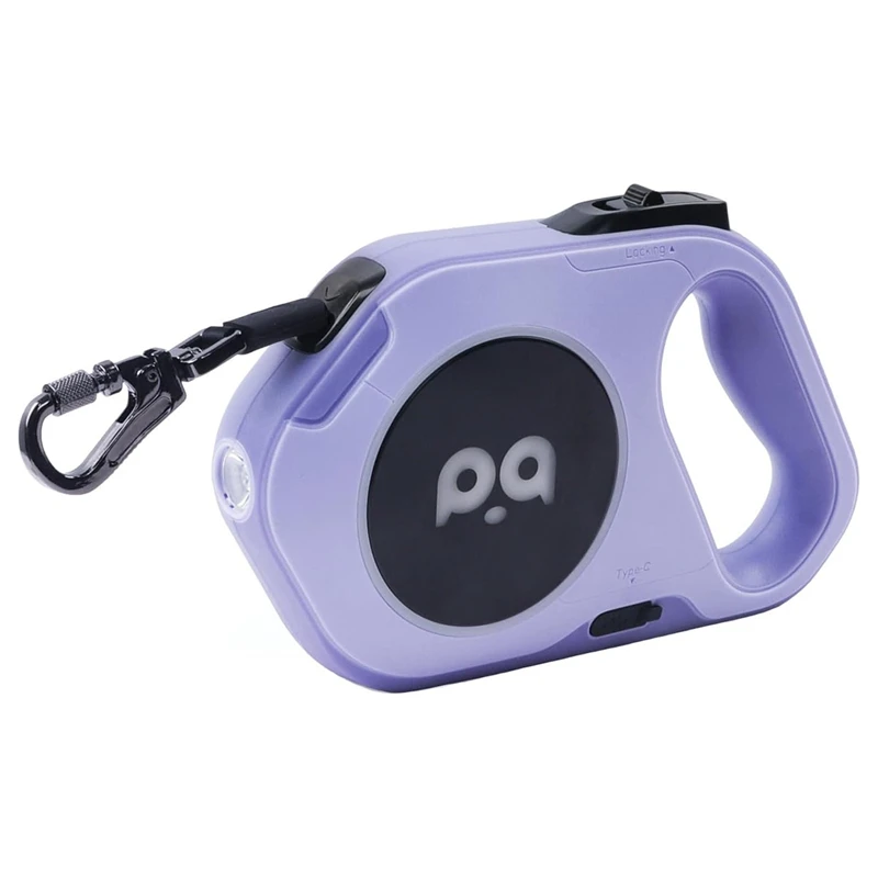 Correa retráctil para perros con luz LED recargable, cinta de nailon resistente de 16 pies para paseos nocturnos de hasta 88 libras, color morado para mascotas, fácil de usar
