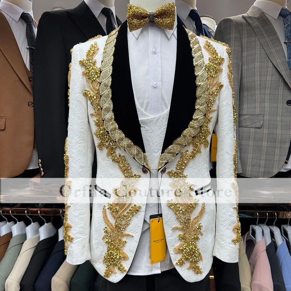 Sparkly Beaded Crystals Men Suits Customized Designer Groom Wedding Party Tuxedos Gorgeous Male Prom Blazers 3 Pcs ropa hombre