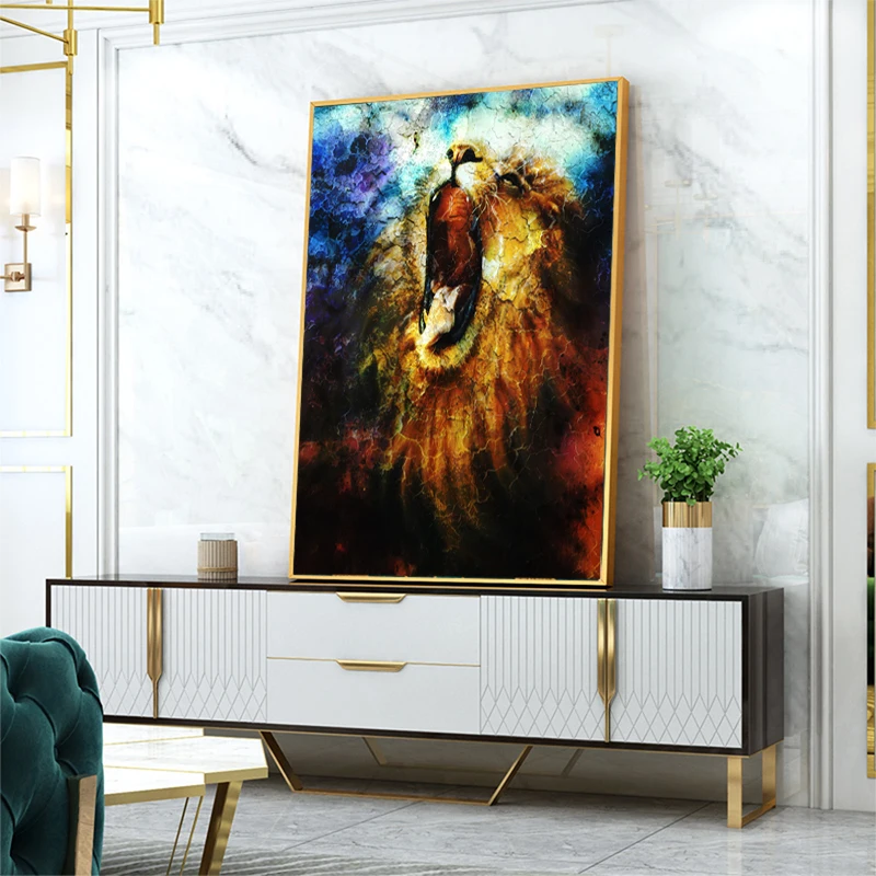 WANGAR  Painting of a Mighty Roaring Lion Emerging from an Abstract Canvas Painting Posters Prints Wall Picture for Living Room