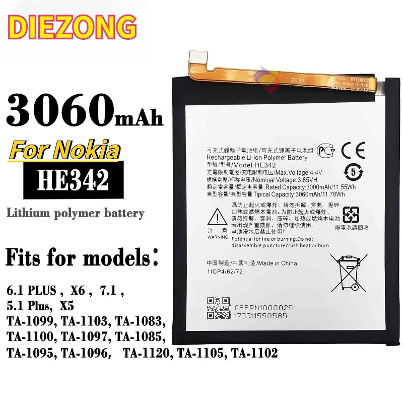

In Stock, applicable to Nokia 6.1plus/X6/7.1/5.1plus/X5 mobile phone batteries HE342 2026New