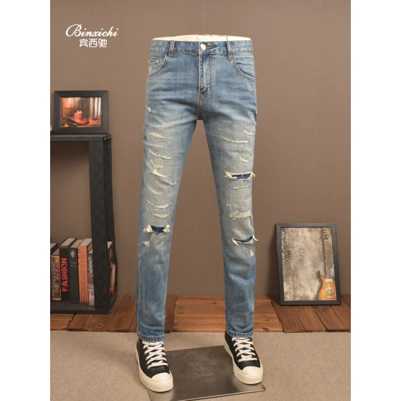 2025 Модные синие рваные джинсы в стиле ретро, мужские эластичные модные уличные классические брюки с маленькими штанинами