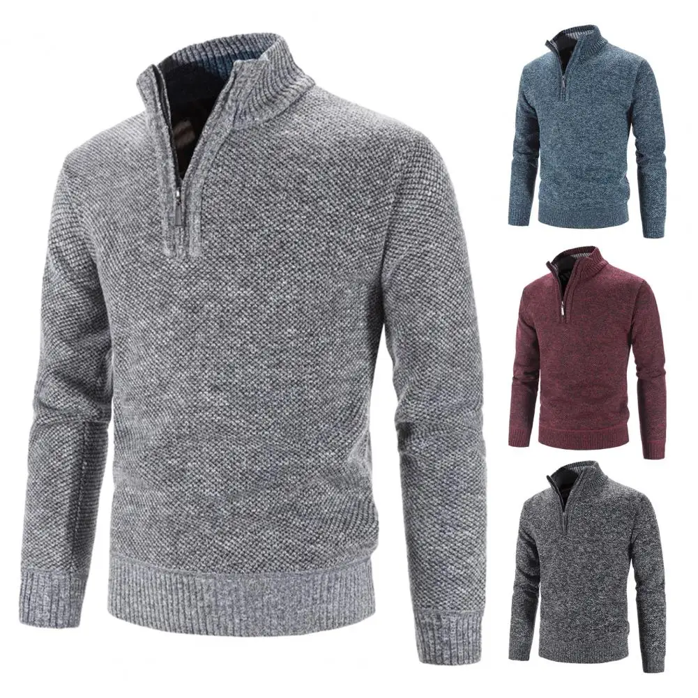 Men's Half-zip Knit Stretch Long-sleeved Stand-up Collar Coat Solid Color English Style Everyday School Sweater