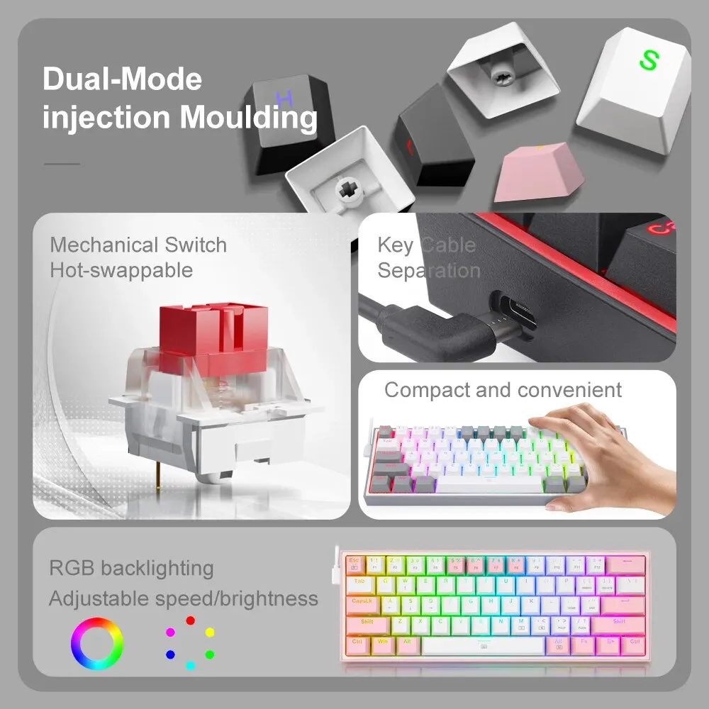 REDRAGON Fizz K617 RGB USB Keyboard Mini, game mekanik berkabel saklar merah 61 kunci untuk pemain game komputer PC Laptop kabel dapat dilepas