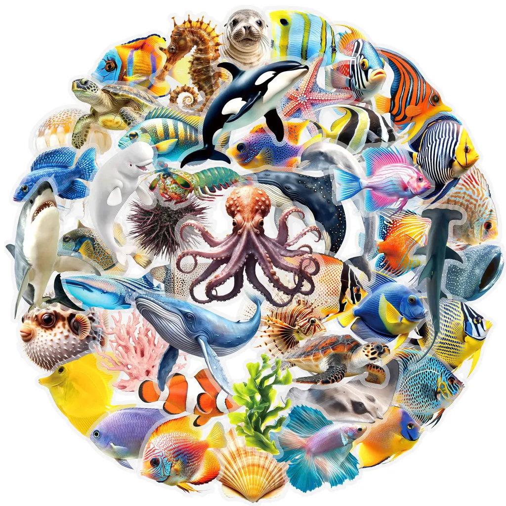 50Pcs Double-Sided Transparent Marine Animal Graffiti Stickers - PET Waterproof Decor for DIY Crafts Giajar Sticker Store
