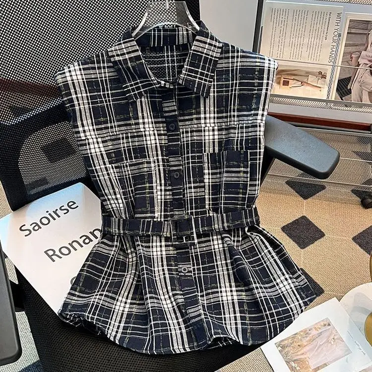 

Korean Style Plaid Sleeveless Shirt Women's Summer New Waist Slimming Design Belted Vest Top Breathable Skin-Friendly Retro F...