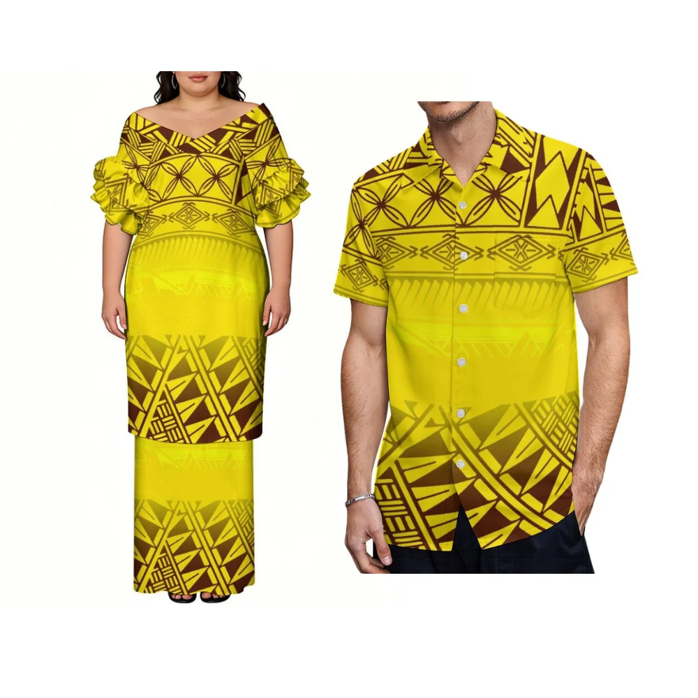 Conjunto de Vestido de Manga Corta para Mujer y Camisa Aloha para Hombre, Estilo Isleño Polinesio Samoano, para Vacaciones de Verano