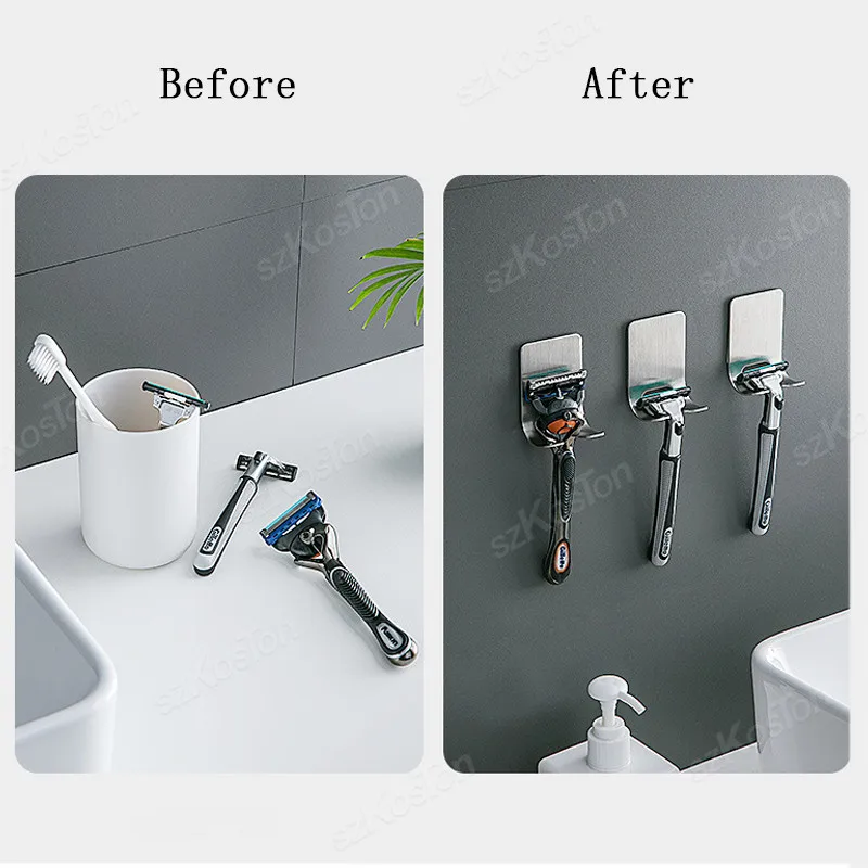 1-4PCS No-Punch Razor Holder Adhesive Stainless Steel Storage Hook Bathroom Razor Waterproof Wall Mounted Shelf Razor Holder