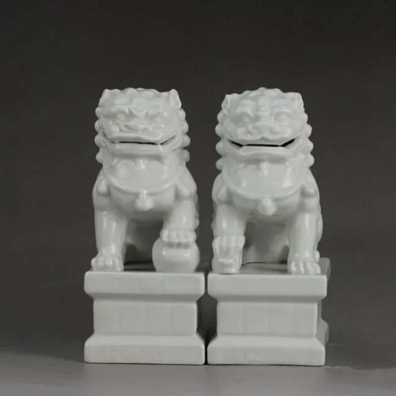 Par de estatuas de León de perro Fu Foo, protector de puerta malvada Fengshui de porcelana esmaltada blanca de 6"