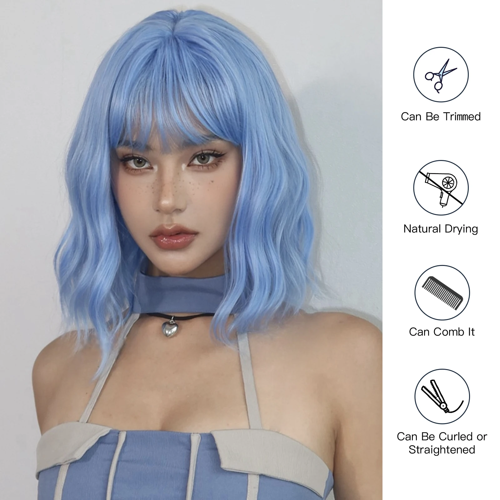 Bob Blue Curly Wavy Wigs with Bangs Short Colorful Cosplay Wigs for Women Afro Halloween DaiIy Natural Heat Resistant Fake Hair