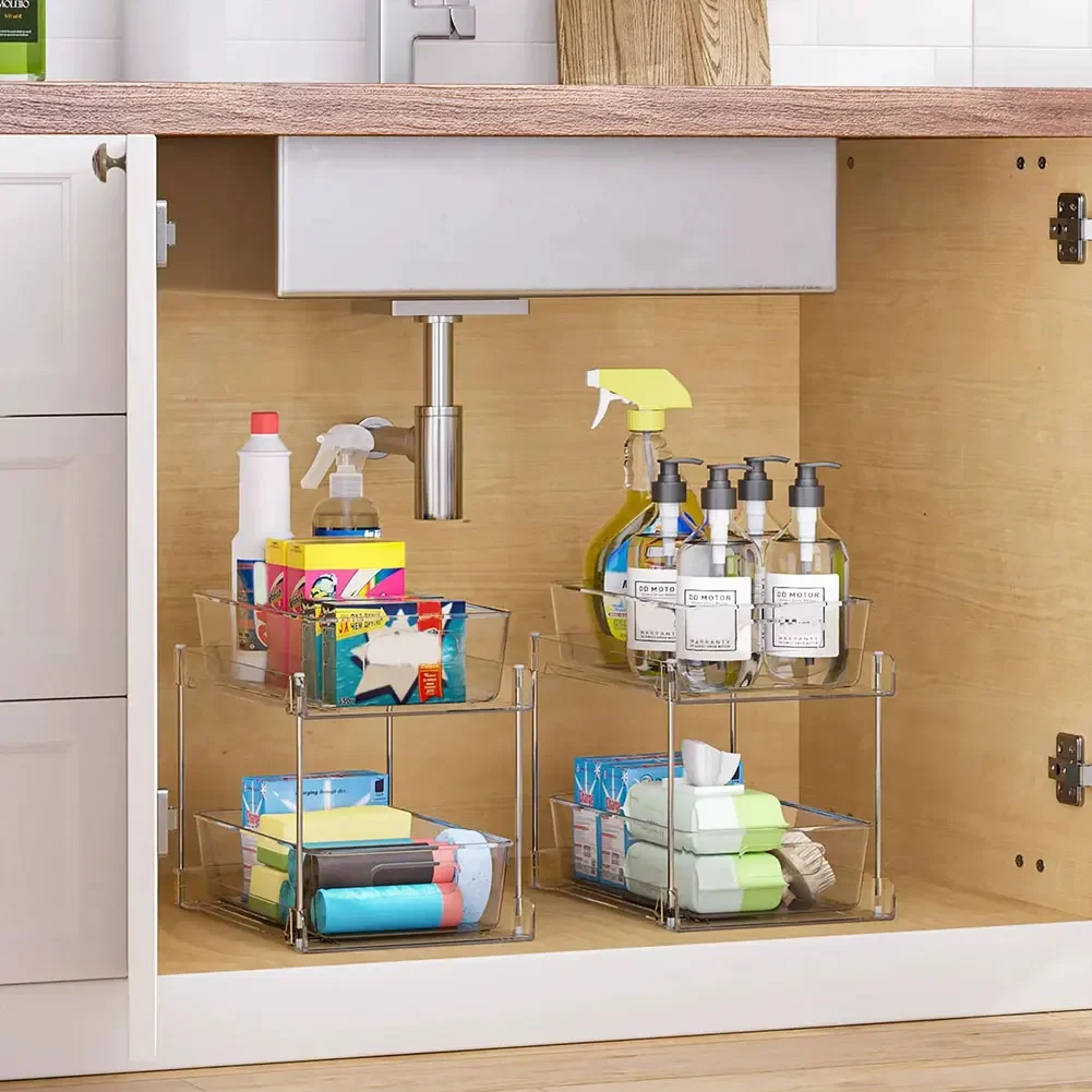 Under Sink Closet Organizer Multipurpose 2 Tier Clear Storage Drawers Rectangle Space Saving for Kitchen Pantry Office Desktop