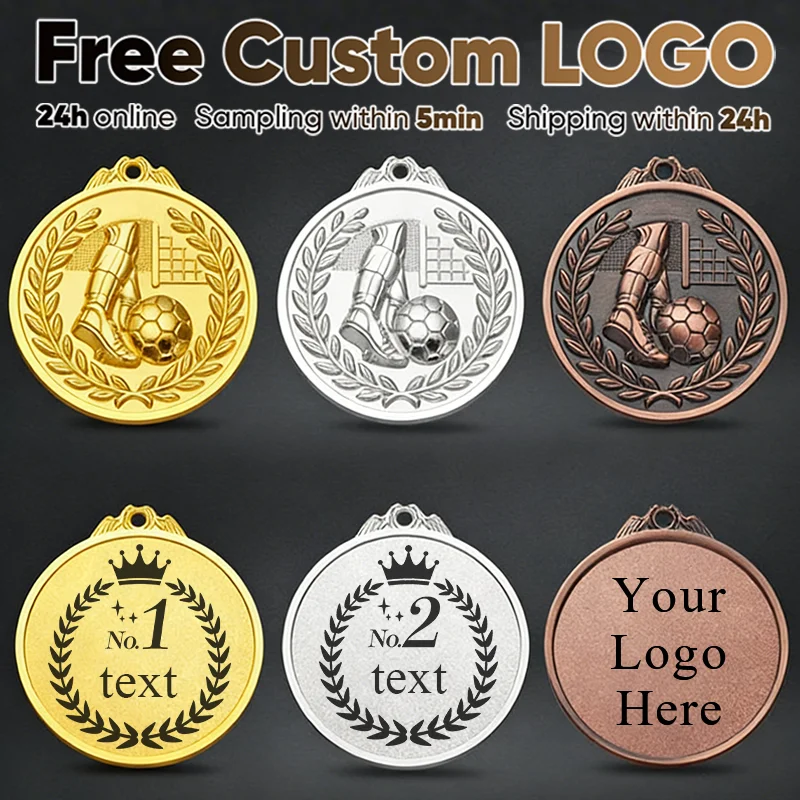 Free Custom Logo Text Football Medal Metal Gold Silver Bronze Award Medal for Soccer Competition Sports Tournament Souvenir Gift