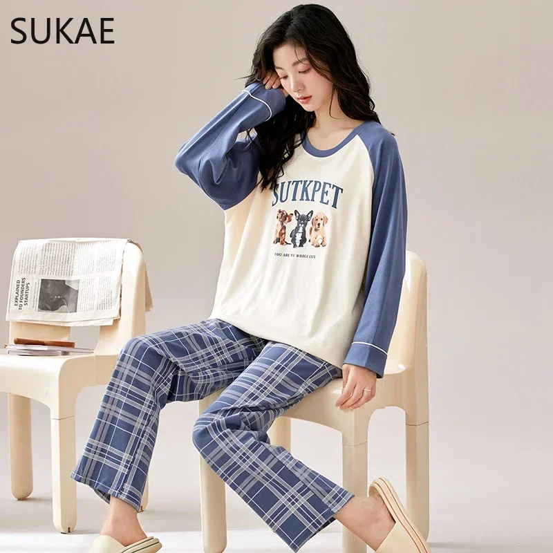 SUKAE New Autumn Winter Women Pajamas Long Sleeve O-neck Sleepwear Faux Cotton Soft Pijamas Leisure Cartoon Girls Homesuits Pjs