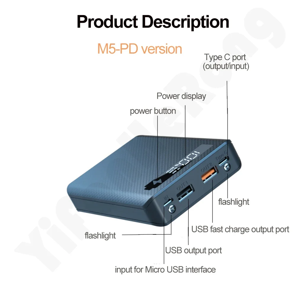 (بدون بطارية) نوع C مخرج USB مزدوج 5x18650 بطارية لتقوم بها بنفسك حامل صندوق بنك الطاقة للهاتف المحمول والكمبيوتر اللوحي
