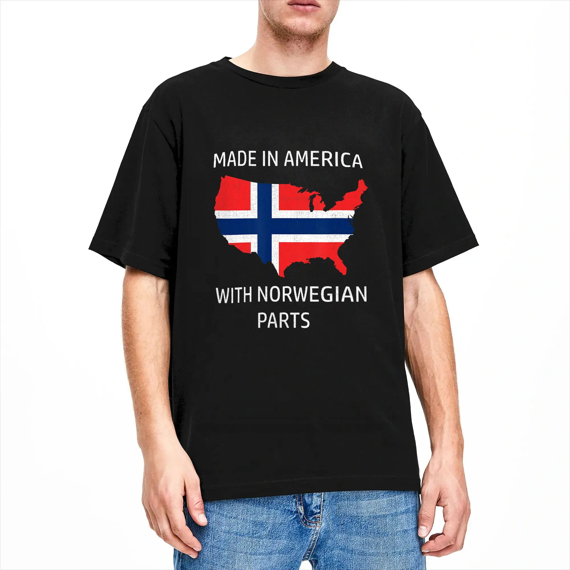 Hipster Made in America with Norwegian Parts  Norway and USA Pride T-Shirt for Men Crew Neck Cotton T Shirt  Short Sleeve Tees