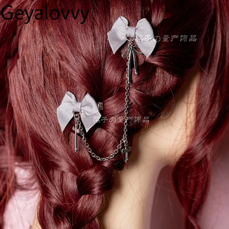 

Y2K милый крутой стиль, серая челка, мини-цепочка с бантом, заколка для волос, кавайная японская Лолита, универсальный аксессуар для волос, боковой зажим