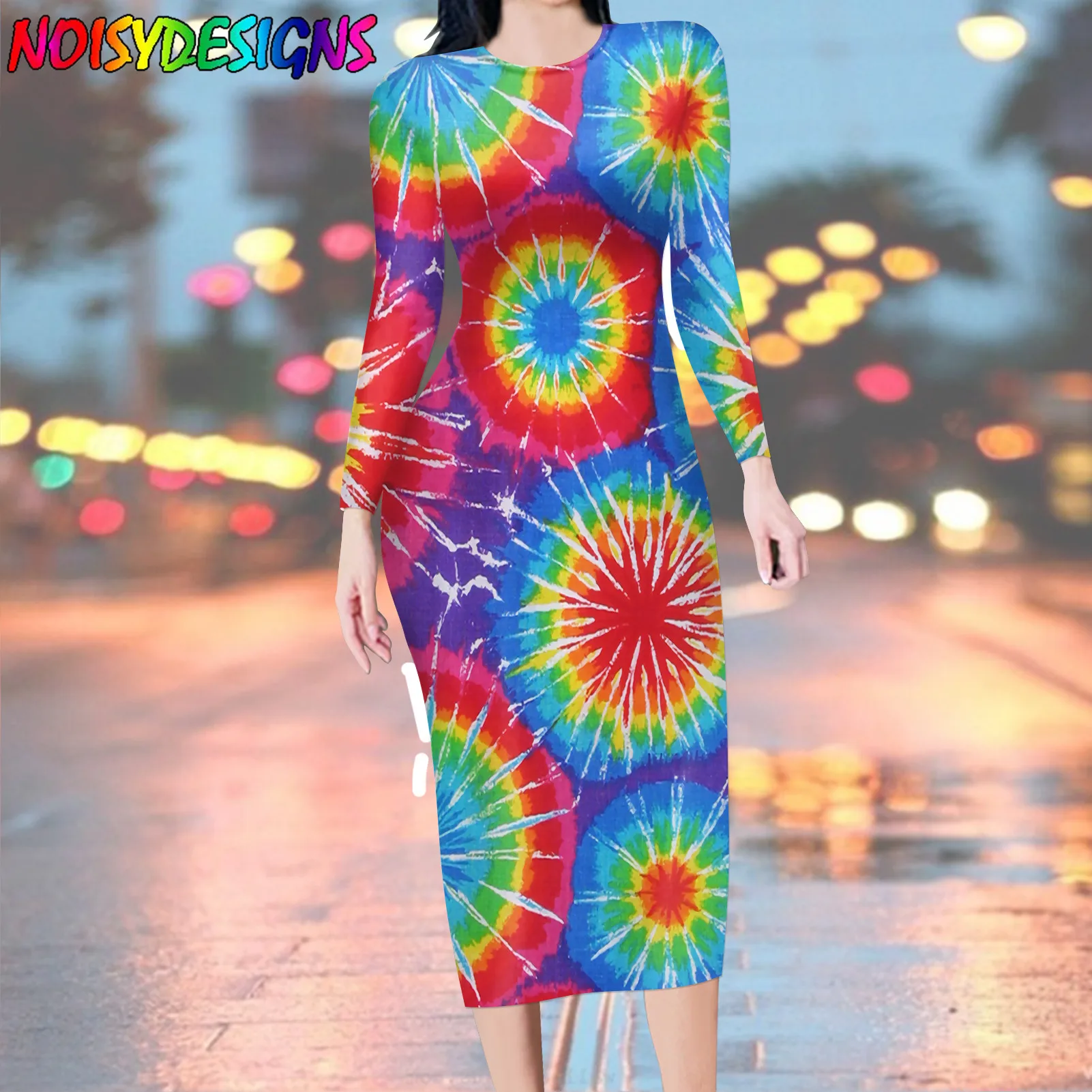 NOISYDESIGNS New Women Pencil Dress Autumn Long Sleeve O-Neck Elegant Lady Bodycon Dress Tie dye Designs Party Dresses Vestios