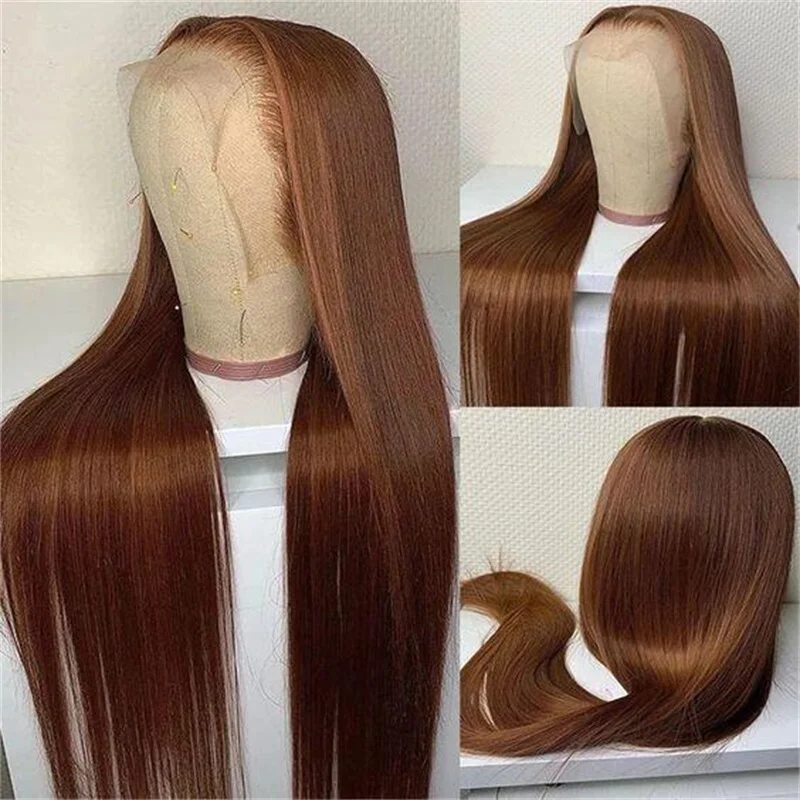 

Chestnut Brown Soft 28"5x5 Silk Base HD Lace Straight Jewish Human Hair Wigs With Baby Hair European Hair Glueless PrepluckedWig