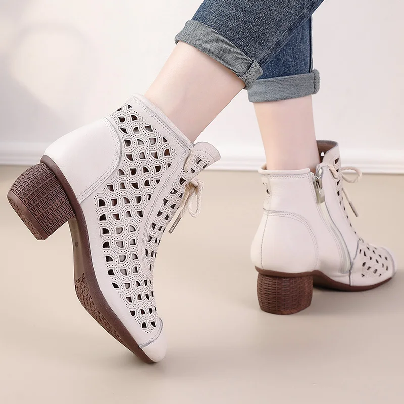 GKTINOO 2024 Summer Ankle Boots Genuine Leather Shoes Women Mid Heels Sandals Side Zip Boots Cutout Breathable Mujer Zapatos