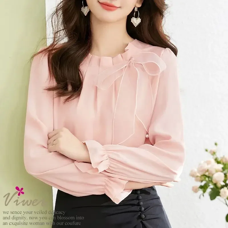 Casual Solid Color Butterfly Bow Sense of Design Blouse Women Long Sleeve O-collar All-match Pleated Chiffon Pullover Shirt Z247