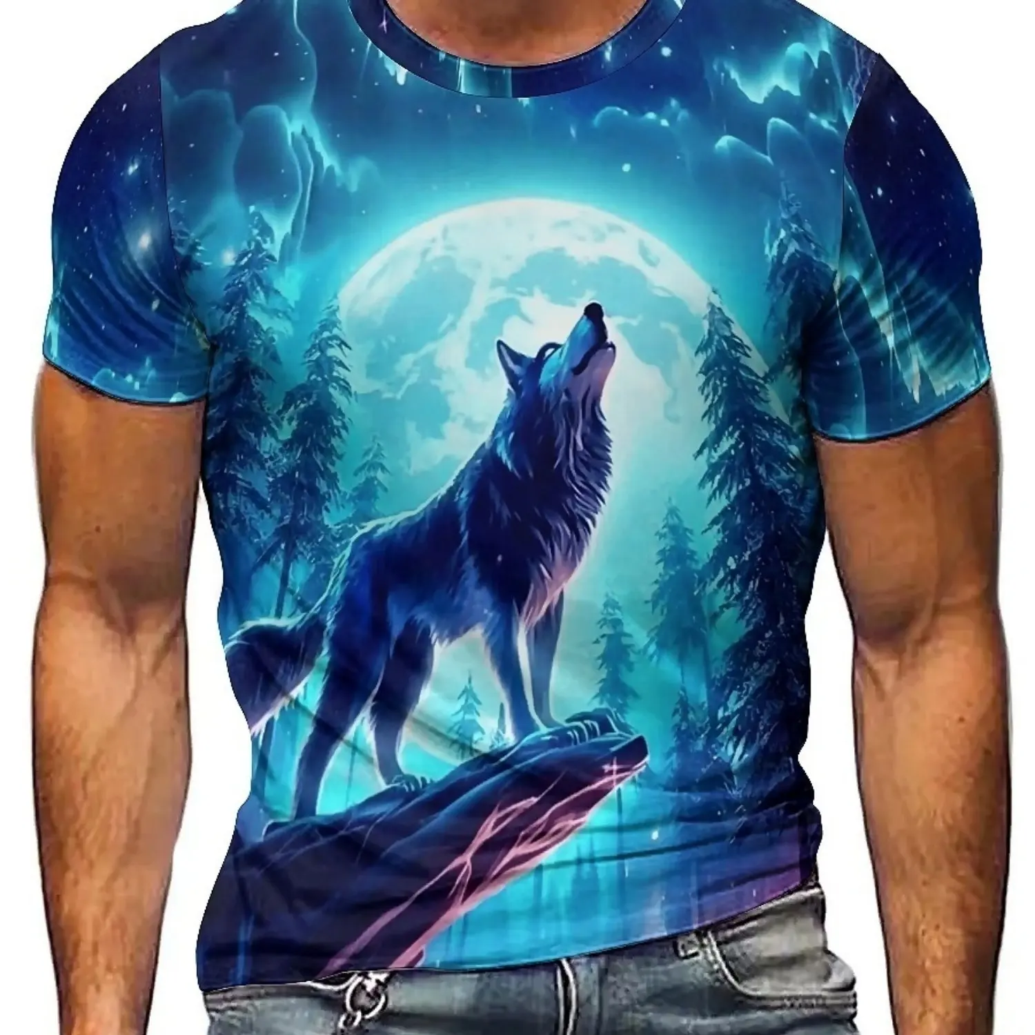 Camiseta masculina de manga curta de fibra de poliéster respirável de secagem rápida de verão com uma impressão de graffiti 3D vibrante de um Wolf100 selvagem