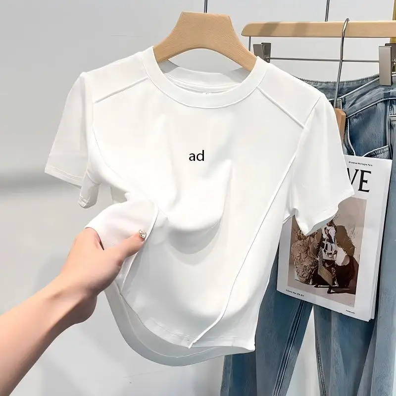 All line versatile 2026 new curved hem fishbone design slimming pure cotton short sleeved T-shirt top women's clothing