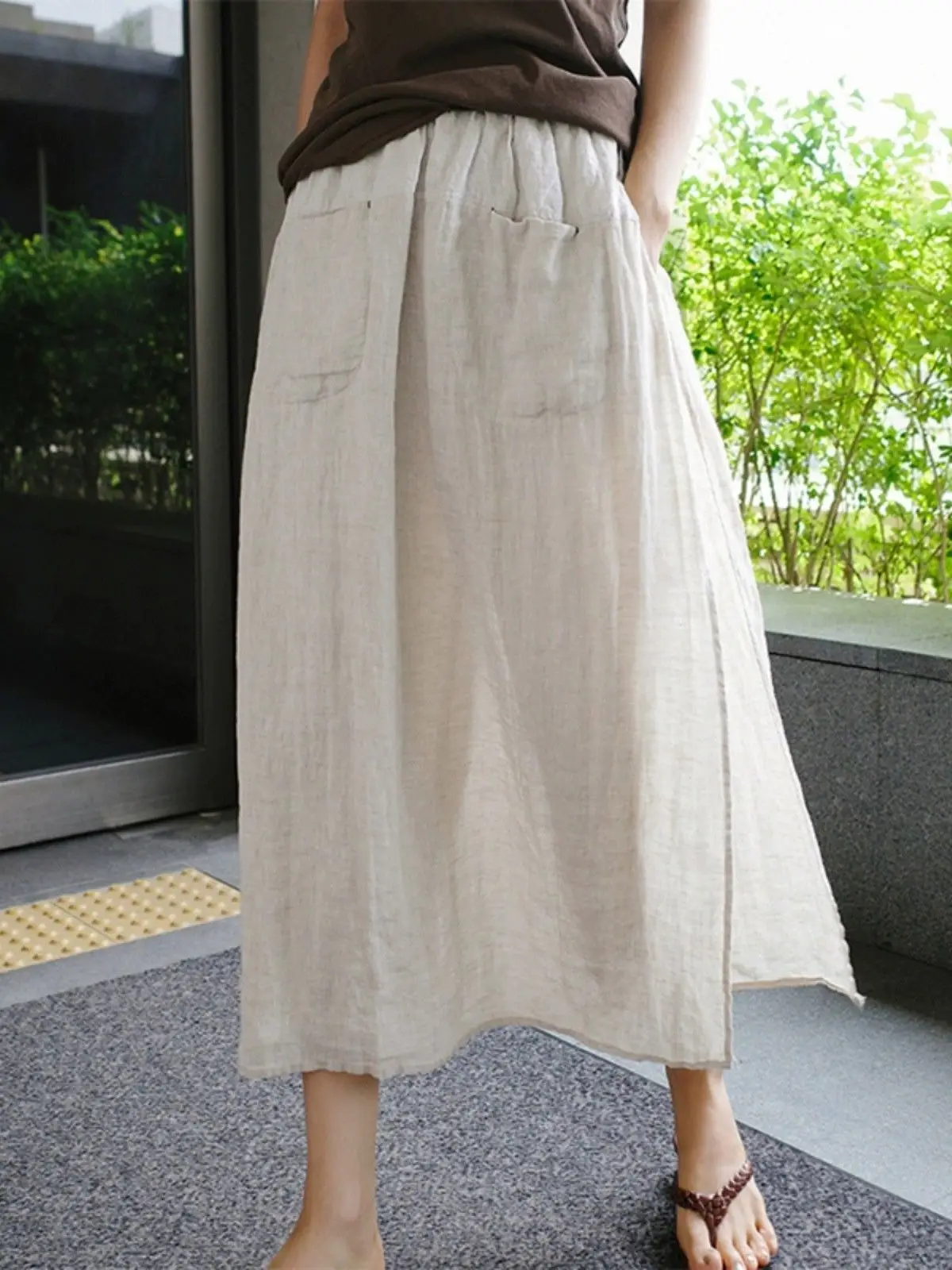 Casual Cotton Linen Blend Women's Spring Summer Loose Fit Plus Size Side Slit Cropped Pants Two-Piece  Bottoms Skirt