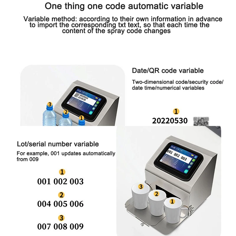 J1 เดสก์ท็อปมัลติฟังก์ชั่นเครื่องพิมพ์แบบคงที่อัจฉริยะเครื่องเข้ารหัสอัตโนมัติเครื่องรหัสขนาดเล็กสําหรับฉลากรหัส PVC / QR วันที่ผลิตพิมพ์