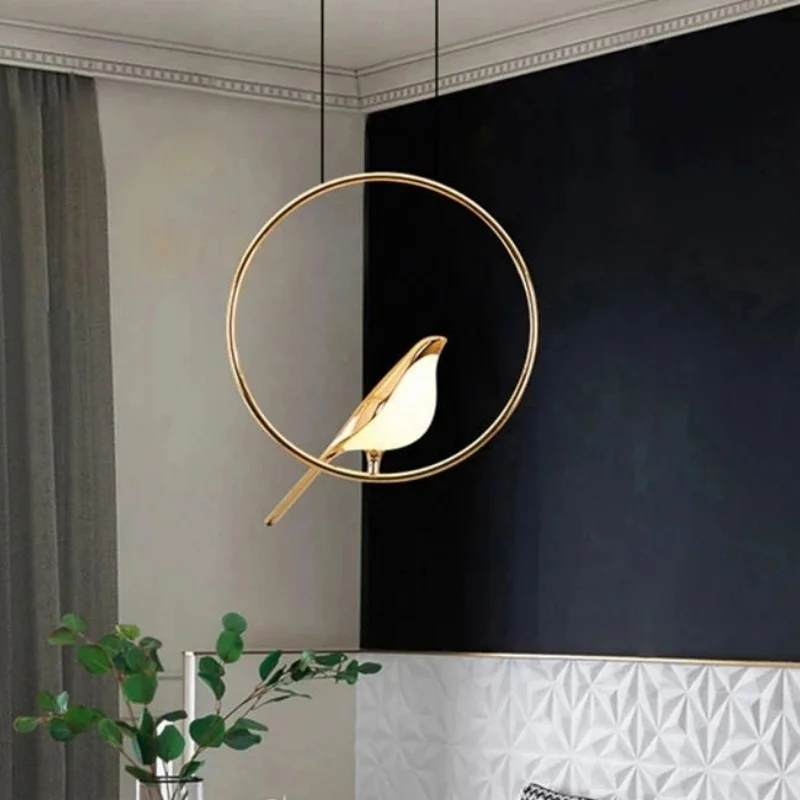 

Светодиодный подвесной светильник Nordic Gold Bird с круглой рамкой, современный дизайн, для гостиной, спальни, столовой, креативный художественный декор, светильник для создания атмосферы.