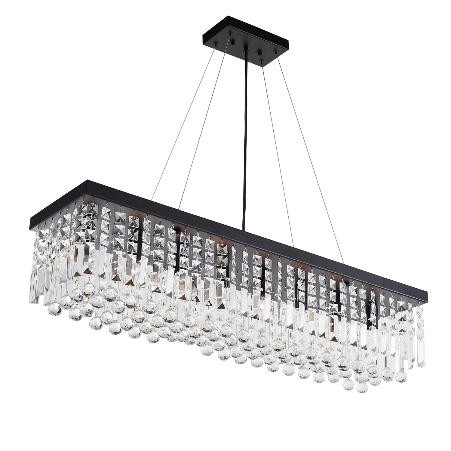 

Modern Rectangle K9 Crystal Chandelier, Matte Black Iron E12 Bulb 8-Light Pendant Light For Dining Room Kitchen Room