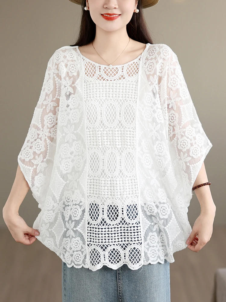 

Lace Hollow out Hook Flower T-Shirt Batwing Sleeve Outerwear Style Summer Top for plus Size Women Commute Artistic Loos...
