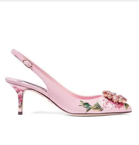 Sweet Pink Rose Flower Printing Leather Crystal Flower High Heels Pumps Back Straps Buckle Ladies Pointed Toe Wedding Shoes