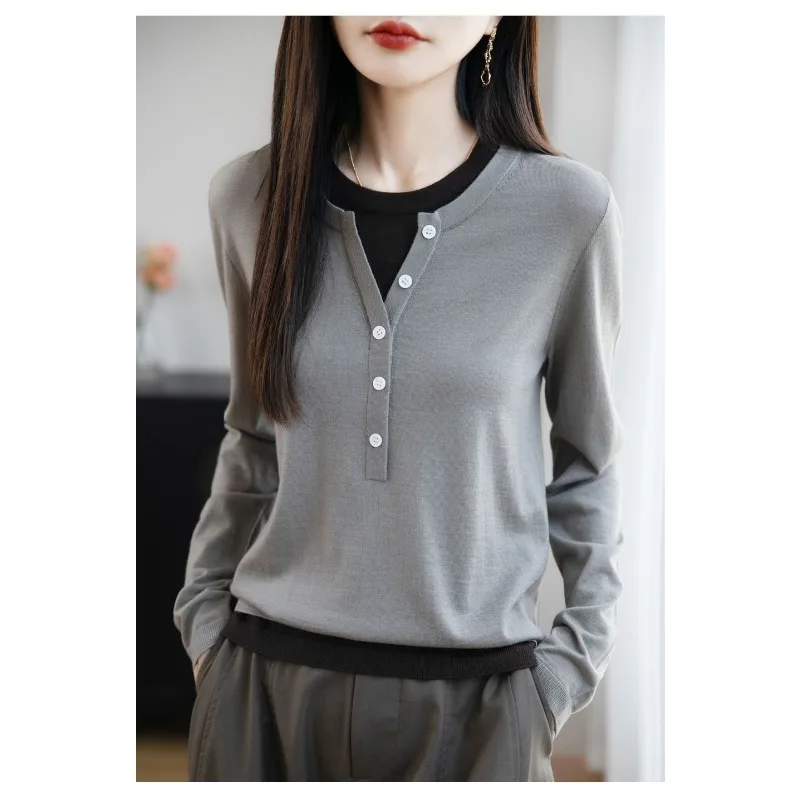 

Fashionable French Contrast Color Fake Two Piece Sweater Women's Sweater Button Long Sleeve Top