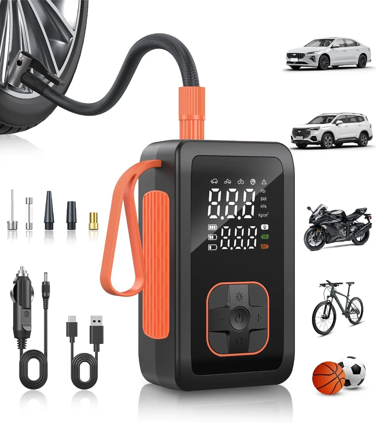 

3x faster wireless inflator, equipped with LED light, 150PSI, with cigarette lighter plug, suitable for cars, etc