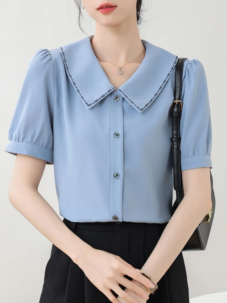 디자인 센세이션 돌 칼라 오르트 스웨 여성용 한국 스타일 버블 스웨 쉬폰 탑 출퇴근용 고급스러운 여름 신상품