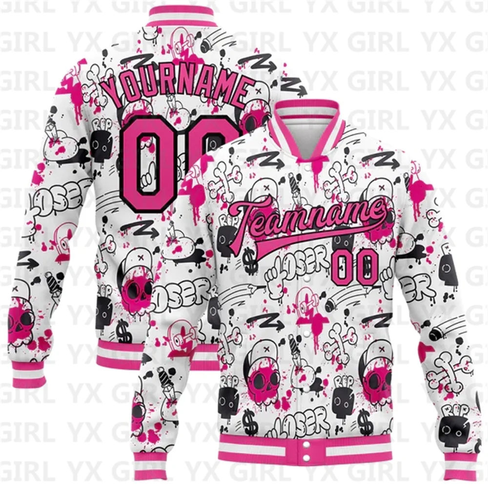 Custom Graffiti Pattern Pink-Black Abstract Splashes 3D Bomber Full-Snap Varsity Letterman Jacket 3D Baseball Button Jacket